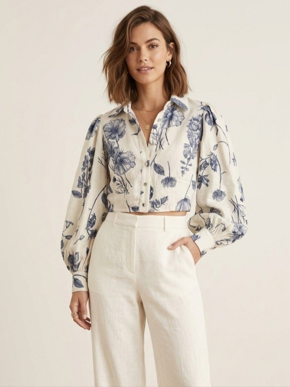 Rachel Zoe Cream Cropped Lined Blouse with Blue Floral Print